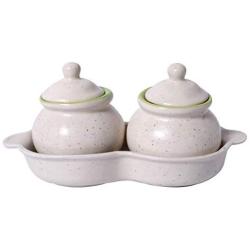 Unravel India stoneware matte finish jar storage organizer for pickle,masala with tray(Set of 2)