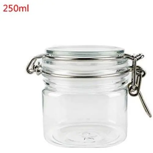 TANK-CN 250ML Plastic Square Clip Top Storage Jar with Airtight Seal Lid Kitchen Food Container Tableware Preserving Cosmetic Cream Organizer
