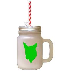 Green Norwegian Lundehund Silhouette Frosted Glass Mason Jar With Straw
