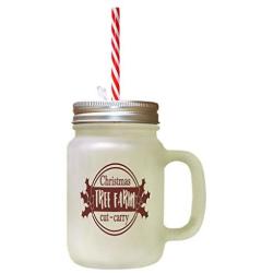 Maroon Christmas Tree Farm Cut ~ Carry Frosted Glass Mason Jar With Straw