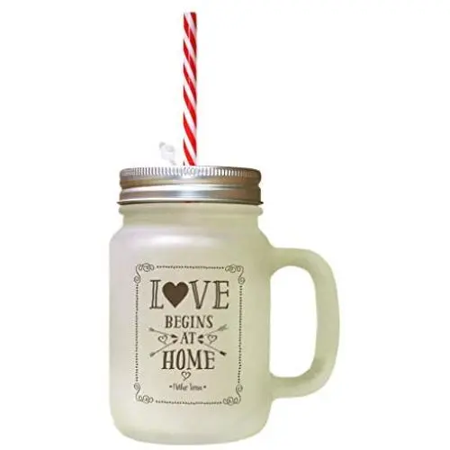 Brown Love Begins At Home #1 Frosted Glass Mason Jar With Straw Brown Love Begins At Home #1 Frosted Glass Mason Jar With Straw