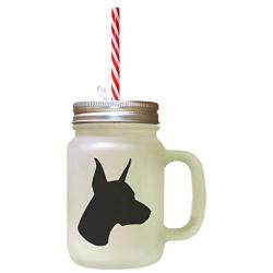 Black Doberman Pinscher Silhouette Frosted Glass Mason Jar With Straw