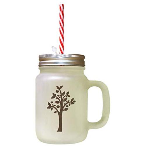 Brown Tree #3 Frosted Glass Mason Jar With Straw