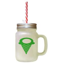 Green Multicolor Cone Ice Image Frosted Glass Mason Jar With Straw