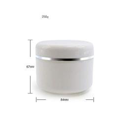 An empty white silver-rimmed portable refillable plastic cosmetic cosmetic cream jar with lining and dome cover. Sample container bottle jar 4 pieces (250ml 100ml 50ml 20ml)