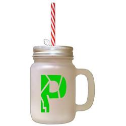 Green&quotP" Robot Initial Monogram Letter P Frosted Glass Mason Jar With Straw