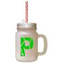 Green&quotP" Robot Initial Monogram Letter P Frosted Glass Mason Jar With Straw