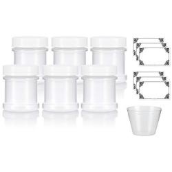 Natural Spice Sifter Jar with Airtight White Lids holds 1 oz / 30 ml / 28 grams each (6 pack) + Labels and Measuring Cup