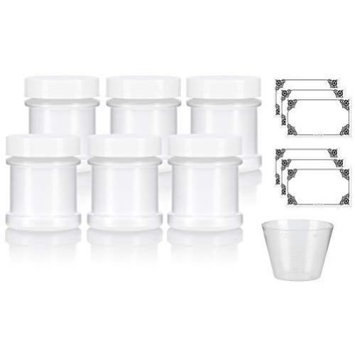 Natural Spice Sifter Jar with Airtight White Lids holds 1 oz / 30 ml / 28 grams each (6 pack) + Labels and Measuring Cup