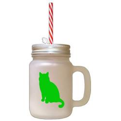 Green British Shorthair Cat Silhouette #1 Frosted Glass Mason Jar With Straw
