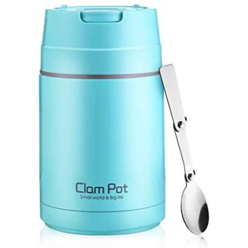 Lunch Food Jar - Vacuum Insulated Lunch Thermos with folding Spoon & Build-in Handle - Stainless Steel Lunch Box for Hot Food (1000ml/34oz, blue)