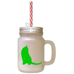 Green Tonkinese Cat Silhouette #2 Frosted Glass Mason Jar With Straw