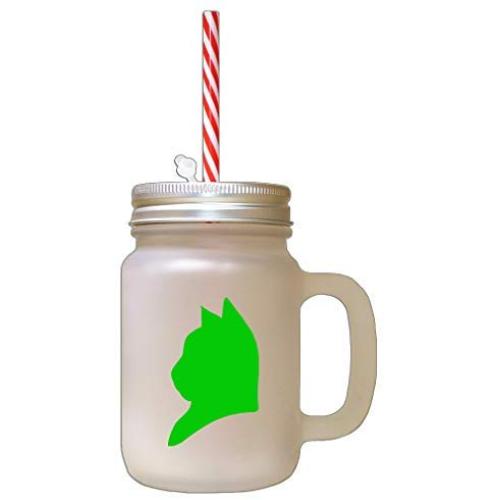 Green American Shorthair Cat Head Silhouette Frosted Glass Mason Jar With Straw