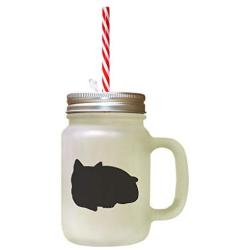 Black British Shorthair Cat Silhouette #2 Frosted Glass Mason Jar With Straw