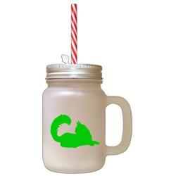 Green Maine Coon Cat Silhouette #2 Frosted Glass Mason Jar With Straw