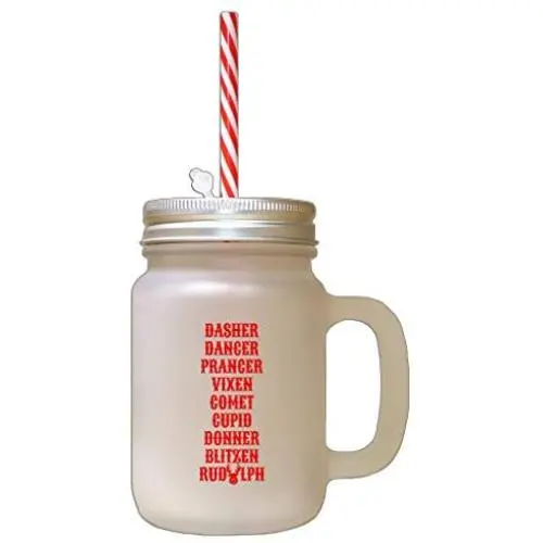 Red Christmas SantaS Reinders Names Frosted Glass Mason Jar With Straw Red Christmas SantaS Reinders Names Frosted Glass Mason Jar With Straw