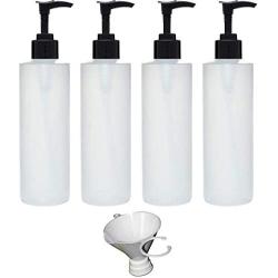 Earths Essentials Four Pack of Refillable 8 Oz. HDPE Plastic Pump Bottles with Patented Screw On Funnel-Great for Dispensing Lotions, Shampoos and Massage Oils.