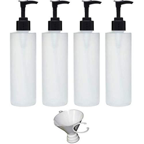 Earths Essentials Four Pack of Refillable 8 Oz. HDPE Plastic Pump Bottles with Patented Screw On Funnel-Great for Dispensing Lotions, Shampoos and Massage Oils.