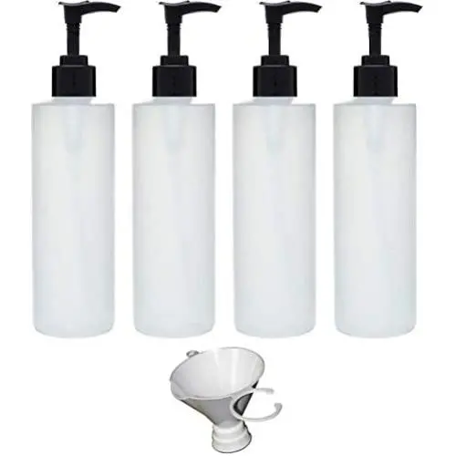 Earths Essentials Four Pack of Refillable 8 Oz. HDPE Plastic Pump Bottles with Patented Screw On Funnel-Great for Dispensing Lotions, Shampoos and Massage Oils. Earths Essentials Four Pack of Refillable 8 Oz. HDPE Plastic Pump Bottles with Patented Screw On Funnel-Great for Dispensing Lotions, Shampoos and Massage Oils.