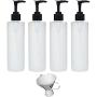 Earths Essentials Four Pack of Refillable 8 Oz. HDPE Plastic Pump Bottles with Patented Screw On Funnel-Great for Dispensing Lotions, Shampoos and Massage Oils.
