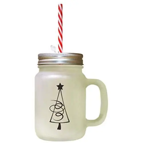 Black Christmas Tree Style 9 Frosted Glass Mason Jar With Straw Black Christmas Tree Style 9 Frosted Glass Mason Jar With Straw