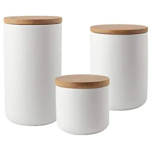 Ensemble de 3 bocaux OnePine étanches avec couvercles en bambou – Contenants en céramique pour cuisine, idéal pour thé, sucre, café, épices et plus encore. Ensemble de 3 bocaux OnePine étanches avec couvercles en bambou – Contenants en céramique pour cuisine, idéal pour thé, sucre, café, épices et plus encore.