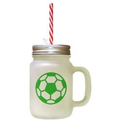 Green Soccer Ball Image Frosted Glass Mason Jar With Straw