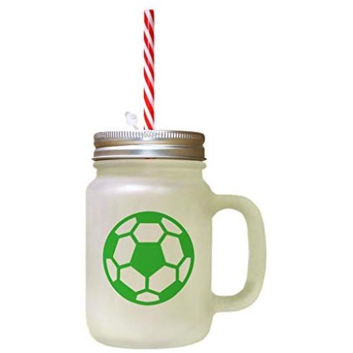 Green Soccer Ball Image Frosted Glass Mason Jar With Straw
