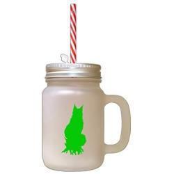 Green Maine Coon Cat Silhouette #1 Frosted Glass Mason Jar With Straw