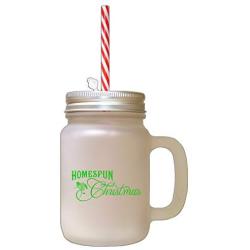 Green Homespun Christmas Frosted Glass Mason Jar With Straw