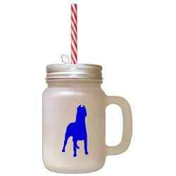 Royal Blue Dogo Argentino Silhouette Frosted Glass Mason Jar With Straw