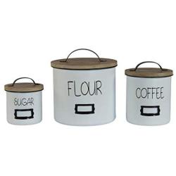 White Metal Canister Set of Three Coffee Flour Sugar Jars with Wood Lids