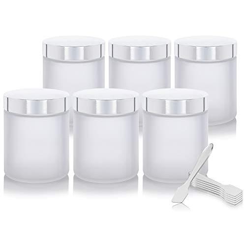 Large Frosted Clear Thick Glass Straight Sided Jar with Silver Metal Overshell Lid - 8 oz / 120 ml (6 pack) + Spatulas