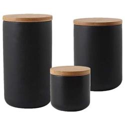 One-Pine 3-Pack Air Tight Jars Ceramic Food Storage Jar Set with Airtight Seal Bamboo Lid - 260ml/800ml/1000ml Tea,Sugar,Coffee,Spice Canister Set (Black)