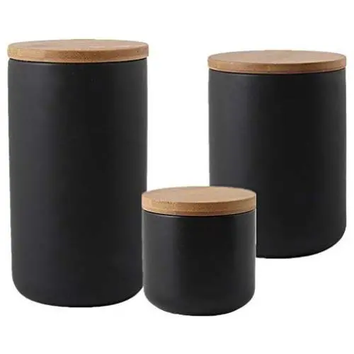 One-Pine 3er Set Luftdichter Keramik-Food-Behälter mit Bambusdeckel - 260ml/800ml/1000ml Tee, Zucker, Kaffee, Gewürzbehälter Set (Schwarz)
