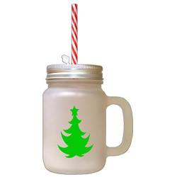 Green Christmas Tree #2 Frosted Glass Mason Jar With Straw