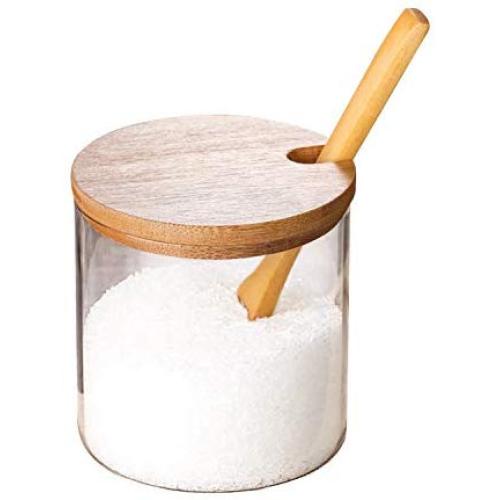 Spice Jars Kitchen Concise Clear Condiment Jars Storage Containers with Wooden Spoon Bamboo Lid for Serving Sugar Coffee,as picture