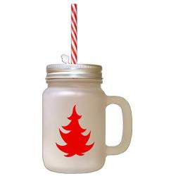 Red Christmas Tree #4 Frosted Glass Mason Jar With Straw