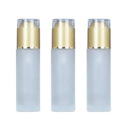 3PCS Empty Refill Upscale Portable Forsted Clear Glass Lotion Pump Bottles Jars with Gold Cap Cosmetic Makeup Travel Packing Storage Containers for Essential Oil Face Cream Toiletries Toner Liquid