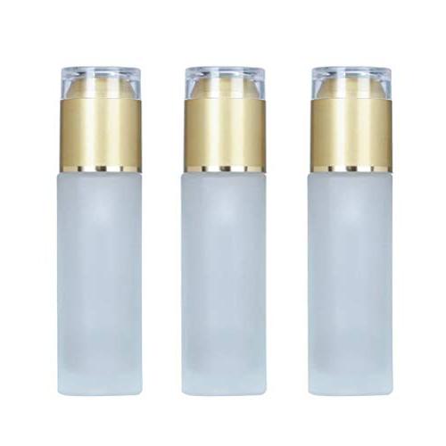 3PCS Empty Refill Upscale Portable Forsted Clear Glass Lotion Pump Bottles Jars with Gold Cap Cosmetic Makeup Travel Packing Storage Containers for Essential Oil Face Cream Toiletries Toner Liquid