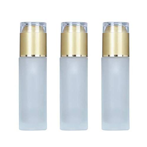 3PCS Empty Refill Upscale Portable Forsted Clear Glass Lotion Pump Bottles Jars with Gold Cap Cosmetic Makeup Travel Packing Storage Containers for Essential Oil Face Cream Toiletries Toner Liquid