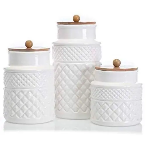 Ensemble de 3 boîtes de rangement en céramique brillante blanche et texturée, 11 x 5 cm.