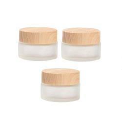 vipolish 3 Pcs 10G Translucent Frosted Glass Refillable Cream Bottle Jar Empty Cosmetic Facial Care Storage Pot with Wood Grain Screw Cap and Liner Lotion Dispense Container Portable Sample Tin Vial