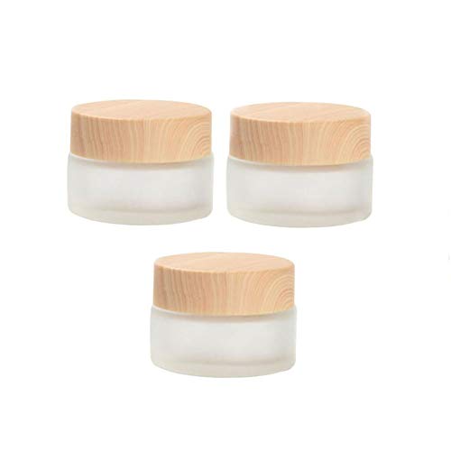 vipolish 3 Pcs 10G Translucent Frosted Glass Refillable Cream Bottle Jar Empty Cosmetic Facial Care Storage Pot with Wood Grain Screw Cap and Liner Lotion Dispense Container Portable Sample Tin Vial