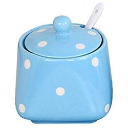 Ceramic Dot Sugar Bowl Set Sugar Dispenser Salt Pot Pepper Storage Jar Seasoning Pot Container Sugar Box Condiment Spice Holder with Lid and Spoon for Home Kitchen, Blue