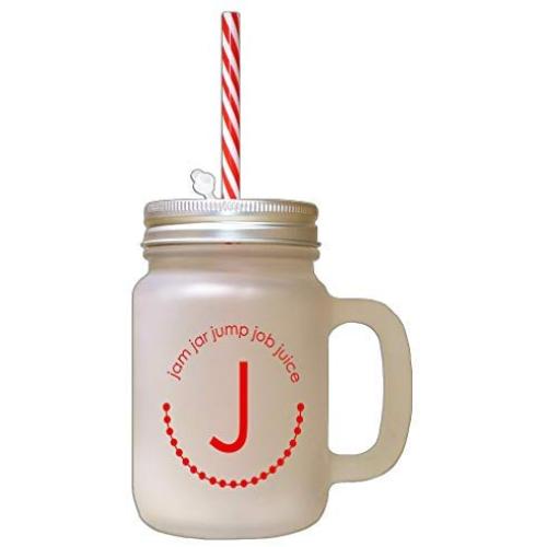 Red Alphabet J, Jam Jar Jump Job Juice Frosted Glass Mason Jar With Straw Red Alphabet J, Jam Jar Jump Job Juice Frosted Glass Mason Jar With Straw