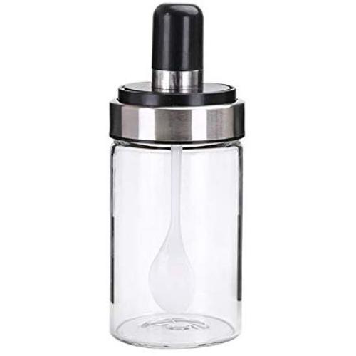 Loneflash 5.7 x 2.36inch Glass Spice Jar, Moisture-proof Dust-proof Kitchen Supplies Glass Seasoning Bottle Salt Storage Box Spice Jar With Spoon (Clear)
