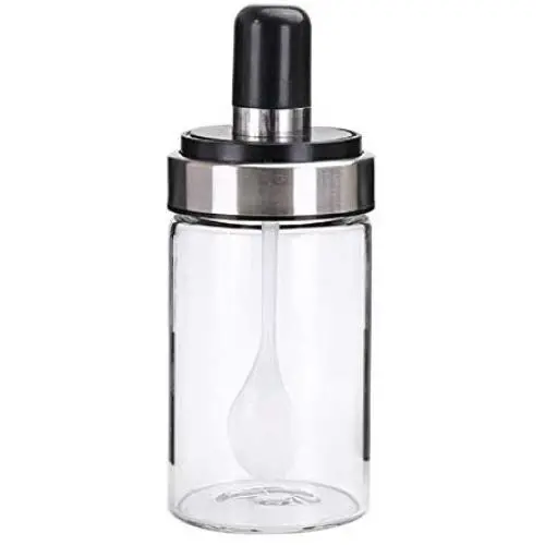 Glasgewürzbehälter von Loneflash, 5,7 x 2,36 Zoll, feuchtigkeitsbeständig, staubdicht, Küchenzubehör, Glas-Gewürzflasche, Salzbehälter mit Messlöffel (Transparent)