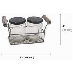 Tryer Vintage Farmhouse Rusty Zinc two Jar Holder Caddy Set with Side Handles and Large Jar Shakers for Salt and Pepper