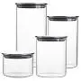 Ensemble de 4 bocaux en verre transparent avec couvercles en acier inoxydable hermétiques.